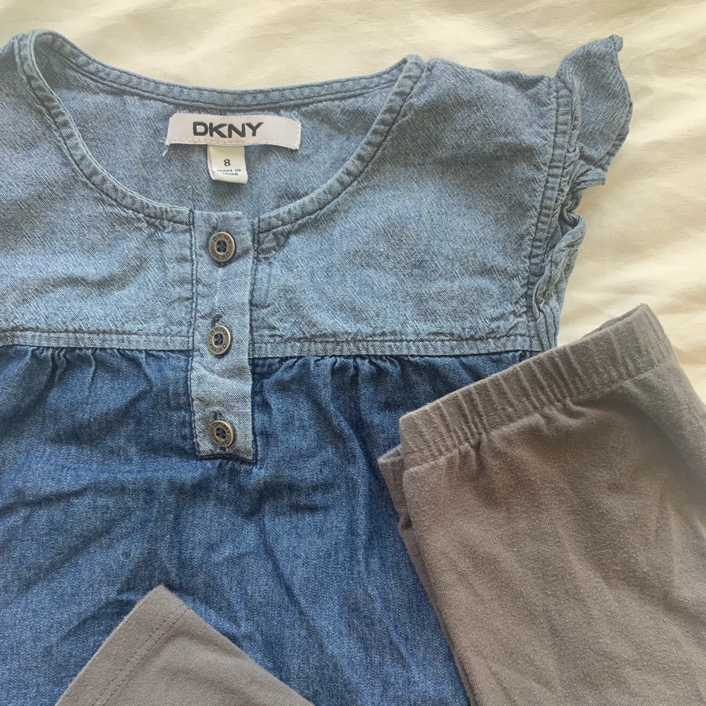 DKNY Girls 8Y Jean Dress with Ruffled Bottom and 7/8 Grey Leggings